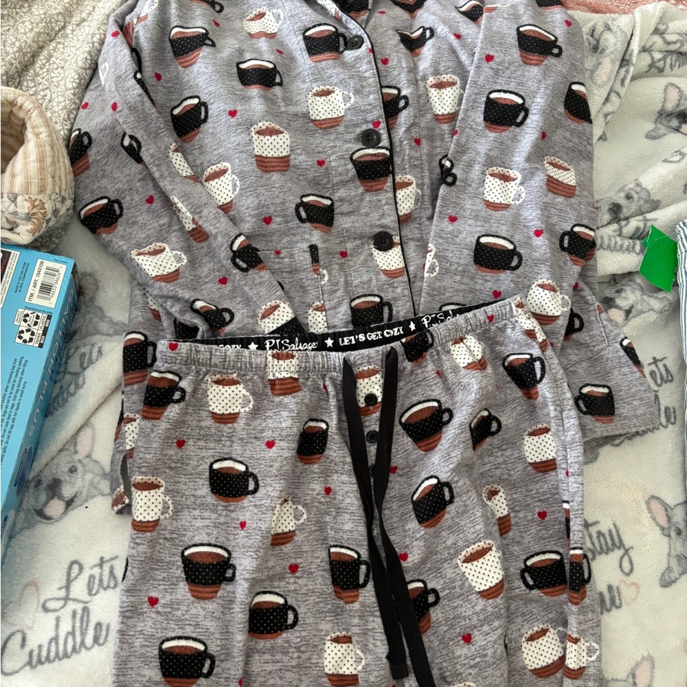 PJ Salvage Gray Mug-Print Pajama Set with Black Drawstring